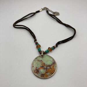 KC Boho Round Faux Stone Pendant Necklace Brown Cord Turquoise Amber Beads